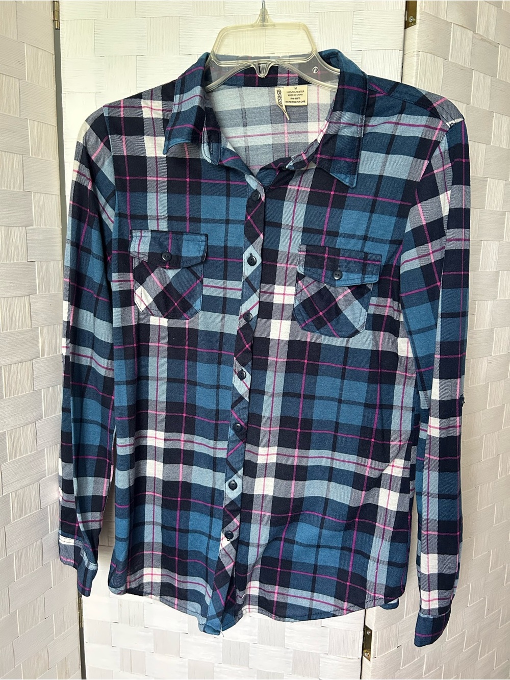 Passport Girl’s Blue and Pink Plaid Long Sleeve Button Down Shirt